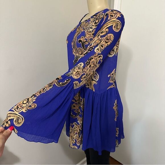 Free People Intimately Size Small Royal Blue Gold Sheer Dress Cover Up Oversized - Picture 5 of 9